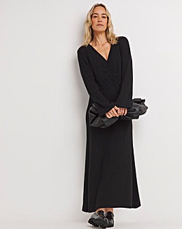 V Neck Long Sleeve Ruched Rib Dress