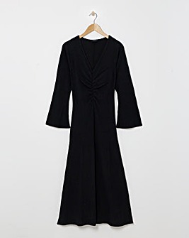 V Neck Long Sleeve Ruched Rib Dress