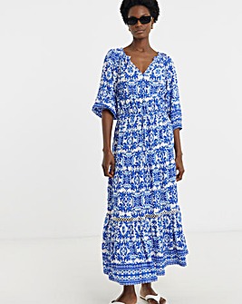 Border Print Tiered Maxi Dress