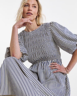 Blue Stripe Shirred Puff Sleeve Dress