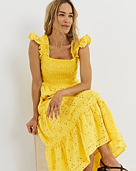 Yellow Broderie Shirred Midi Dress