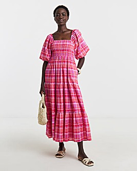 Check Shirred Smock Dress