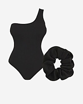 Crinkle One Shoulder Swimsuit and Scrunchie