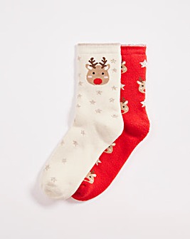 2 Pack Christmas Reindeer Supersoft Socks