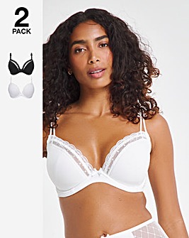 2 Pack Rachel Everyday Embroidery Padded Plunge Bras B-F -Black/White