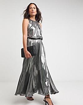 Liquid Metallic Sleeveless Godet Maxi Dress