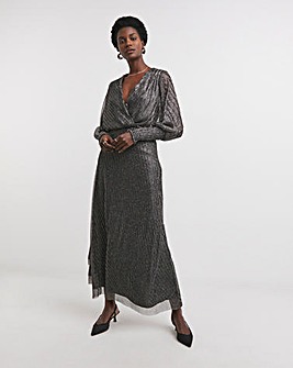 Metallic Pleated Mesh Long Sleeve Dress