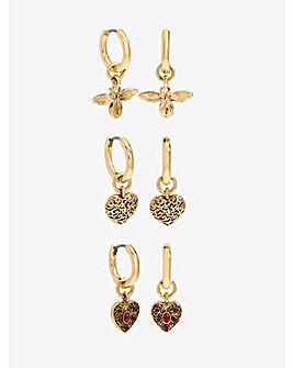 Mood Antique Gold & Red Resin Heart Huggie Earrings - Pack of 3