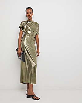 Liquid Metallic Grown On Sleeve Ruched Midi Dress