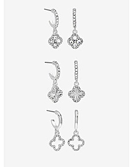 Mood Silver Crystal & Pave Clover Huggie Earrings - Pack of 3