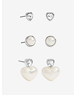 Mood Silver Crystal & Pearl Heart Earrings - Pack of 3