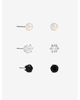 Mood Pearl, Crystal & Jet Stud Earrings - Pack of 3