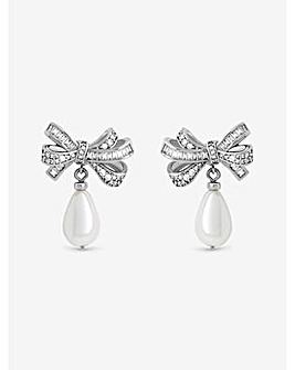 Jon Richard Rhodium Plated Cubic Zirconia Bow and Pearl Earrings