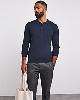 Navy Cotton Long Sleeve Polo