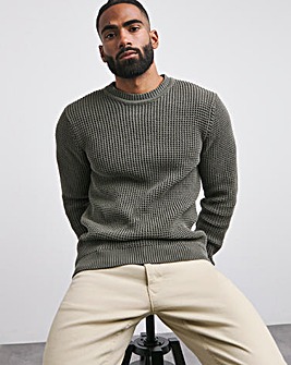 Dark Olive Waffle Crew Neck Jumper