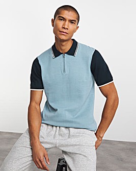 Blue Zip Neck Knitted Polo