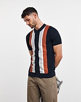 Navy Stripe Button Through Knitted Polo