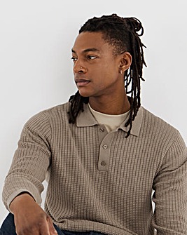Textured Long Sleeve Knitted Polo