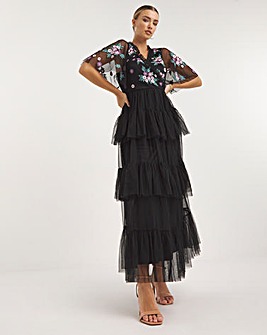 Maya Deluxe Floral Embroidered Ruffle Detail Tiered Maxi Dress