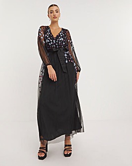 Maya Deluxe Sheer Sleeve Floral Embroidered Maxi Dress