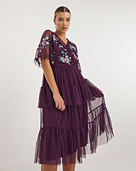 Maya Deluxe Floral Embroidered Ruffle Tiered Midi Dress