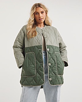 Khaki Contrast Oversized Quilted Jacket