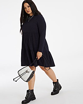 Navy Ribbed Tiered Smock Dress