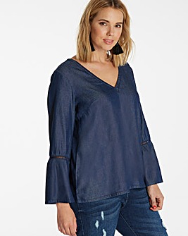 Soft Lyocell Denim Top with V Neck and Fluted Sleeve