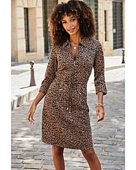 Sosander Leopard Print 3/4 Sleeve Denim Dress