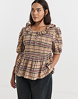 Native Youth Brushed Check Shirred Top with Frill and Peplum