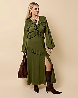 Little Mistress Khaki Chiffon Ruffle Maxi Dress