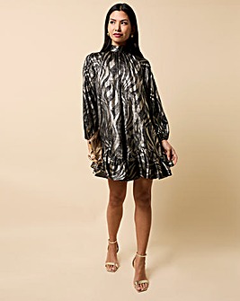 Little Mistress Black and Gold Foil Print Mini Dress