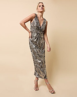 Little Mistress Silver Sequin Knot Detail Midaxi Dress