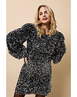 Little Mistress Black Velvet and Silver Sequin Mini Dress