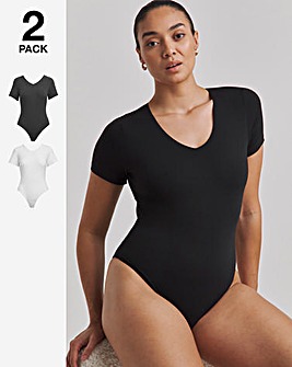 MAGISCULPT 2 Pack Light Control Smoothing V-Neck T-Shirt Bodysuit - Black/White