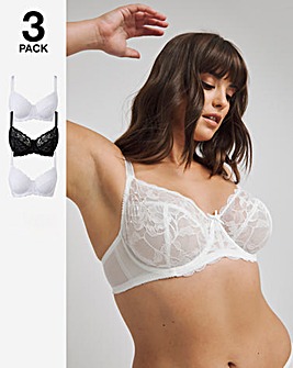 Pretty Secrets 3 Pack Ivy Lace Full Cup Wired Bras B-G - Black/White/White