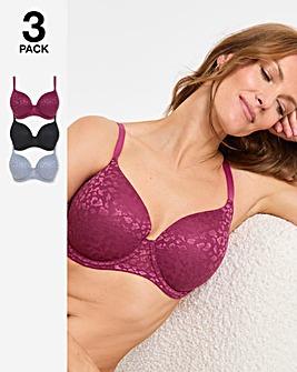 Pretty Secrets (3 Pack) Animal Lace T-Shirt Wired Bras (B-F) Black/Grey/Pink