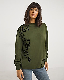 Khaki Long Sleeve Leopard Print Flock Sweatshirt