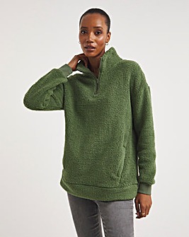 Khaki Fleece Long Sleeve Collar Zip Front Jacket