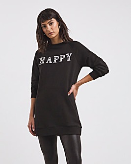 Black Happy Slogan Longline Long Sleeve Sweatshirt