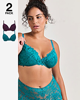 Pretty Secrets (2 Pack) Daisy Lace Plunge Bras (B-F) Green/Plum