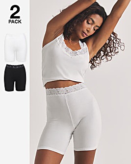 Pretty Secrets 2 Pack Lace Trim Cotton Comfort Shorts White/Black