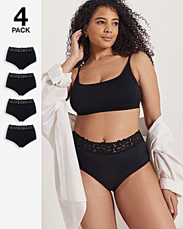 Pretty Secrets (4 Pack) Lace Top Cotton Full Fit Brief Knickers Black