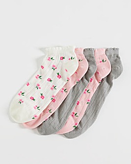 Pretty Secrets (5 Pair Pack) Pointelle Trainer Socks (Wide Fit) Pink Floral