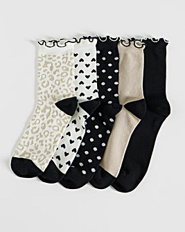 Pretty Secrets (5 Pair Pack) Lettuce Hem Ankle Socks (Wide Fit) Neutral Mix