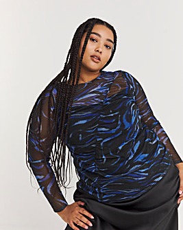Blue Printed Mesh Top With Channel