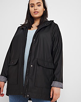 Black Coated Raincoat With Gingham Printed Lining