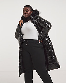 High Shine Puffer Coat with Faux Fur Hood