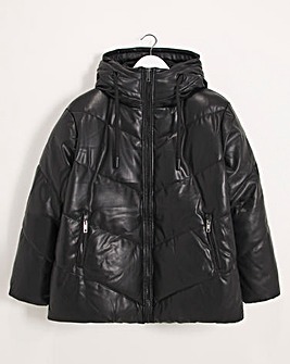Black Leather Look Puffer Coat