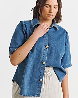 Mid Wash Statement Button Denim Blouse
